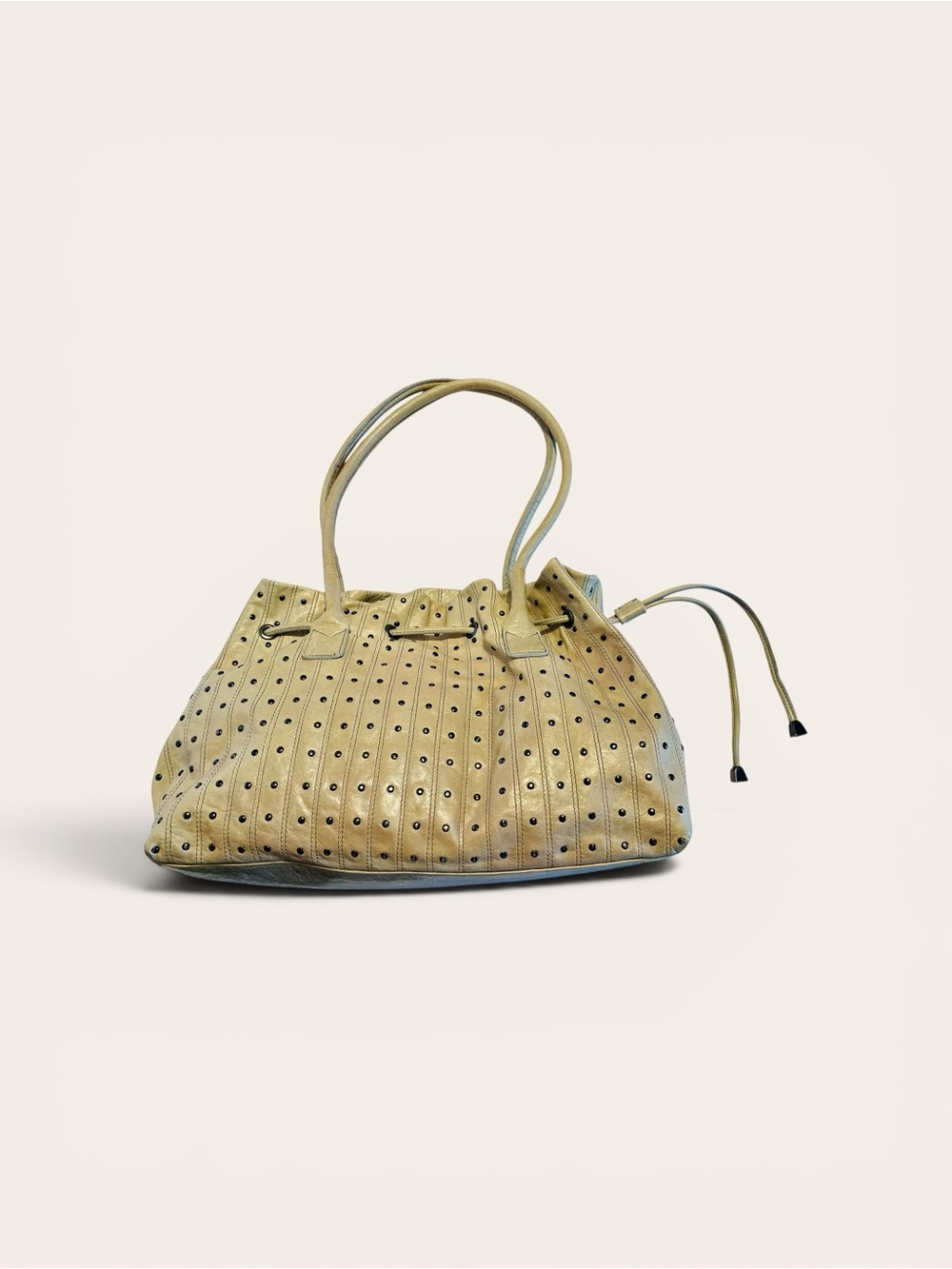 Berge Genuine Leather Studded Drawstring Shoulder Bag Beige Cream Made In Italy